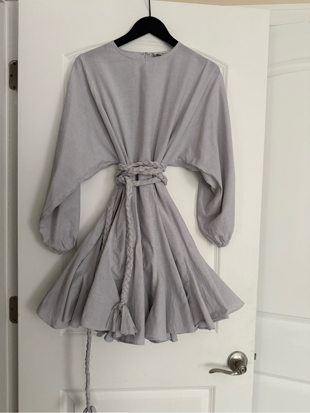 Aura Blue & White Striped Long Sleeve Smocked Waist Mini Dress with Braided Belt